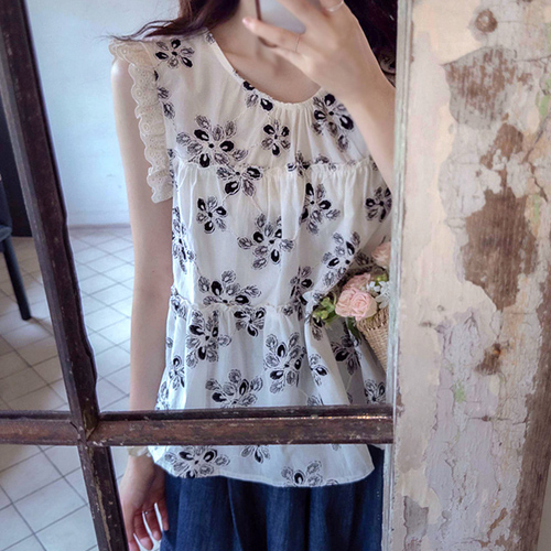 Rebecca 3D Flower Embroidery Cool Back Button Blouse [size:F(55~66)]
