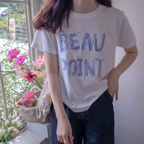 Season Daily Summer Point English Embroidery Lettering Tee [size:F(55~66)]