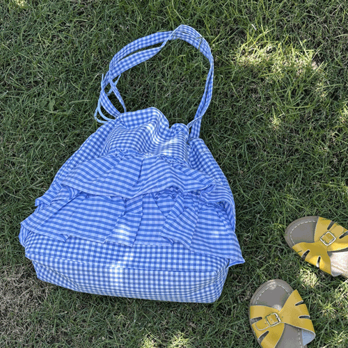 Aqua blue of the pacific check frill shoulder bag