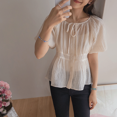 [Wrinkle Fabric] Raniel Flare Silhouette Puff Sleeve Blouse [size:F(55~66)]
