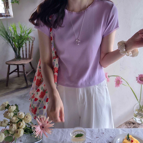 [New product special price 6,000 won discount] <FONT color=#5a3954>MADE LIN</font> Delia Race key point Corrugated T-shirt [size: F (55~66)]