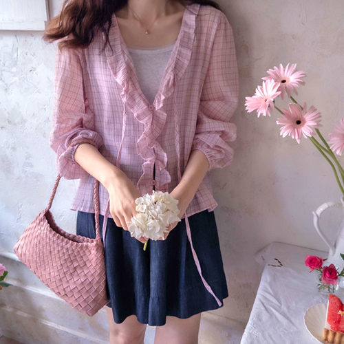 Summer Sharing Summer Beach An Check Light Blouse [size: F (55~66)]