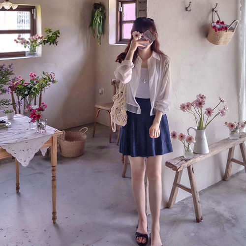 Heizen Summer Tencel See-through Color Block Flexible Blouse [size: F (55~66)]