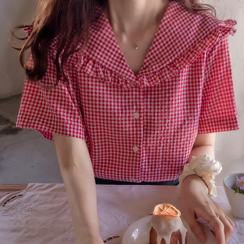 [LABEL] Lovely Check Sailor Sharing Collar Summer Blouse [size: F(55~66)]