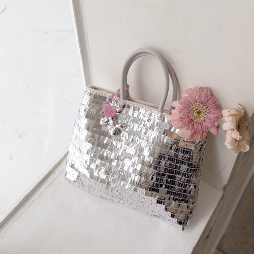 Shining Silver Keyring Set Spangle Mini Tote Bag