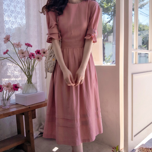 [New Arrival Special Price: 10,000 Won Discount] <FONT color=#5a3954>MADE LIN</font> Ariel Pearl Sleeve Elegant Linen One Piece [size: F (44~55)]