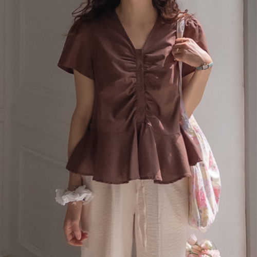 [Linen Contains] Butterfly Shirring Flare Line Blouse [size: F(55~66)]