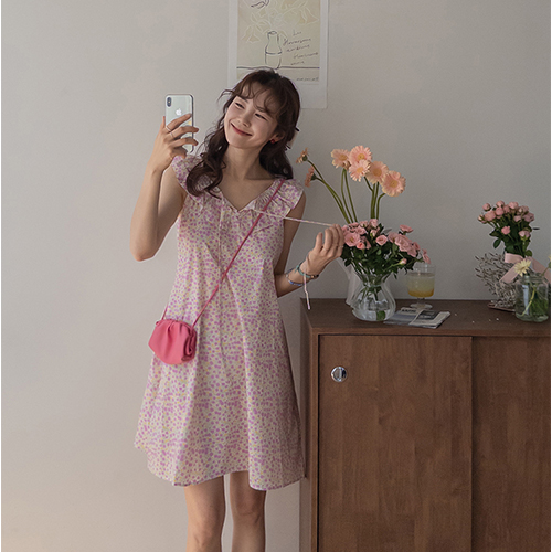 [New Product Special Price 10,000 Won Discount] <FONT color=#5a3954>MADE LIN</font> <Self-made> [★MADE LIN Portia Flower Frill Shirring One Piece] [size: F (44~55)]