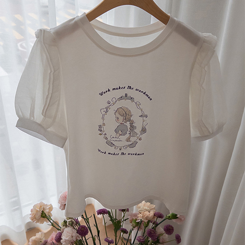 Tyrael Girl Print Pearl & Ruffle Point Short T-shirts [size: F(55~66)]