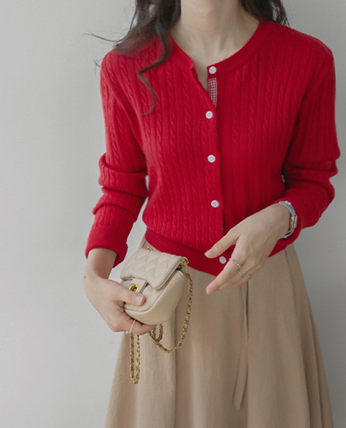 [Hidden Check] Flowy Cable Knit Check Color Block Cardigan [size: F(55~66)]