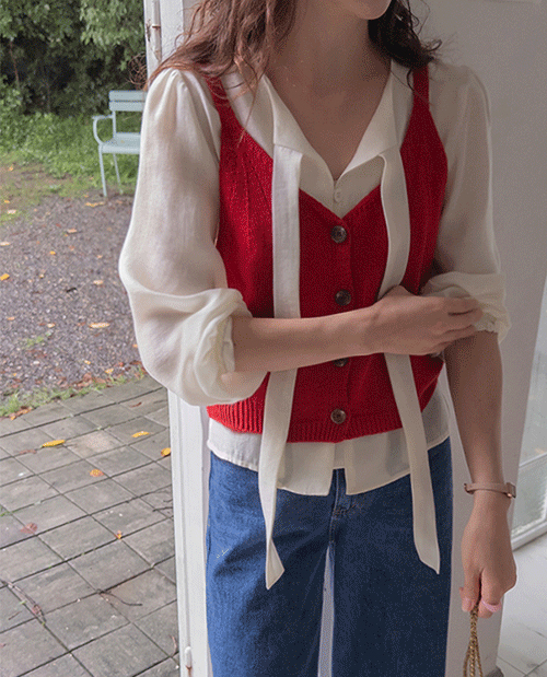 [Contains 50% Wool][LABEL] Press Front and Back Button Wool Bustier Knit Vest [size: F(55~66)]