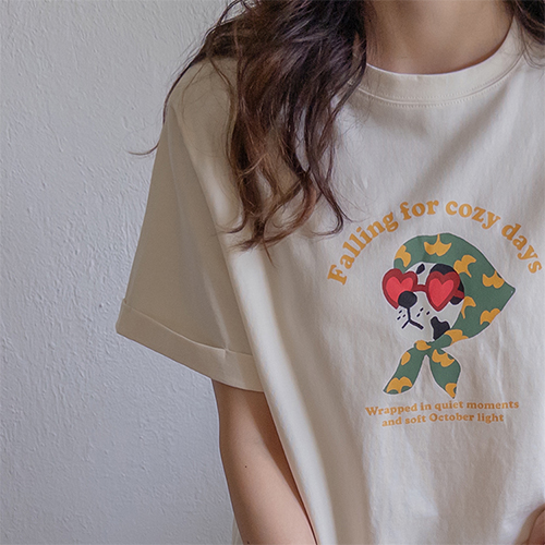 [LABEL] Puppy Love Sleeve Roll-up Loose Fit T-shirt [size: F (55-66)]