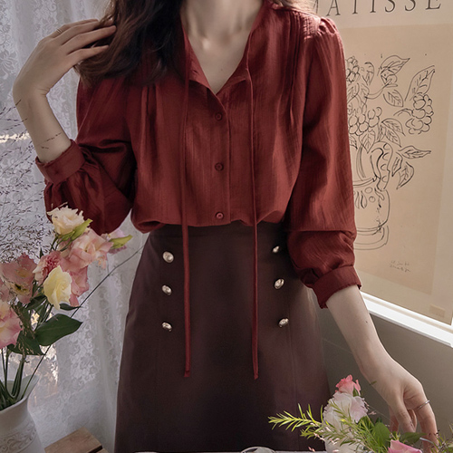 [LABEL] Berman Autumn Pintuck and Ribbon Loose Fit Blouse [size: F (55~66)]