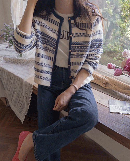 [LABEL] Anderson Loose Fit Jacquard Color Block Gold Button Point Cardigan [size: F (55~66)]