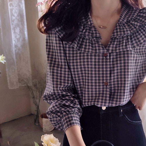 [LABEL] Falling Check Sharing Two-Colour Lovely Blouse [size: F (55~66)]