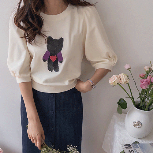 [LABEL] Heart Bear Shoulder Shirring 7/8 Length Man to Man [size: F(55~66)]