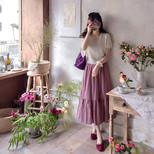 [New Arrival Special Price 7,000 Won Discount] <FONT color=#5a3954>MADE LIN</font> Cloth Bean Fall Check Kangsharing Band Skirt [size: F (55~66)]