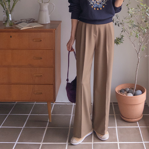 [Ant Waist! Color Blocking] Disella Two-Pin Tuck Waistline Color Blocking Semi-Wide Slacks [size: S, M, L]