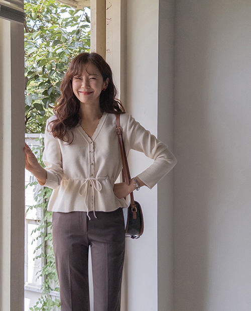 [Soft~ Soft][LABEL] Anderly Wave Line Waist String V-neck Cardigan [size: F(55~66)]