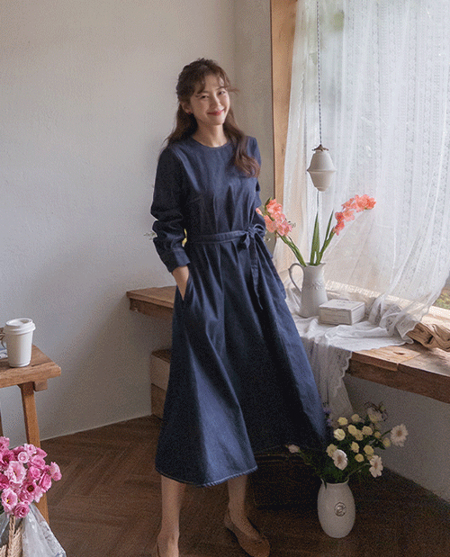 [LABEL] Sorbet Slim Stitch Key Point Non-Fade Denim One Piece [size: F(55~66)]