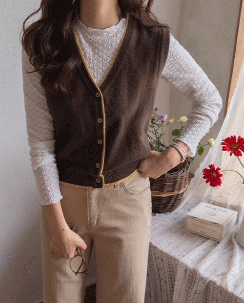 [Wool-Containing] Friendly Hem Color Blocking V-Line Layered Wool Vest Vest [size: F(55~66)]