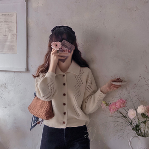 Dechelle Fall Punching Cute Collar Soft Cardigan [size: F (55~66)]