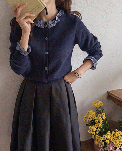 [LABEL] Wish Gentle Check Frill Color Combination Knit Cardigan [size: F(55~66)]