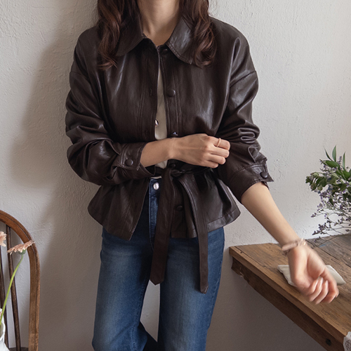 Elia Slim Fit Soft Waist Strap Leather Jacket [size: F (55~66)]