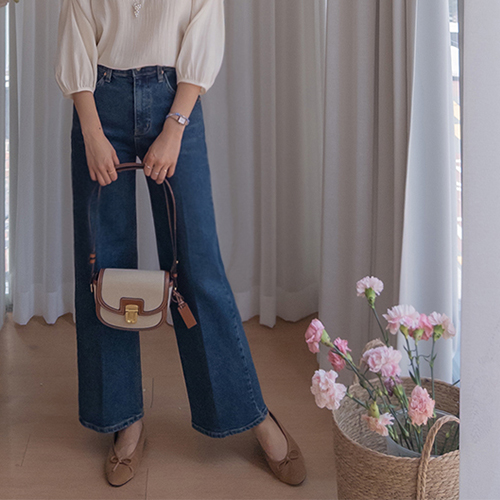[Slim spandex] [Moderate length] Tape regular line straight wide denim pants [size: S, M, L]