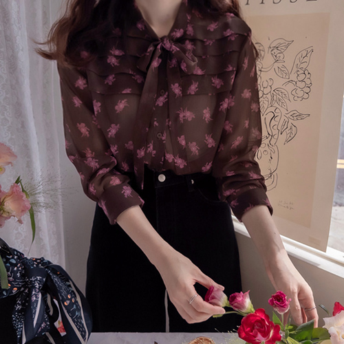 [LABEL] Rosen Flower Horizontal Pintuck and Ribbon Blouse [size: F, 1]
