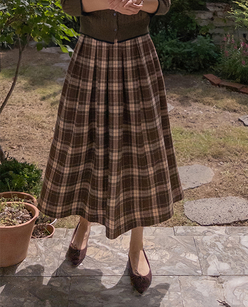 [Soft Wool Blend Material] Roet Check Wool Flare Banding Skirt [size: F (55-66)]