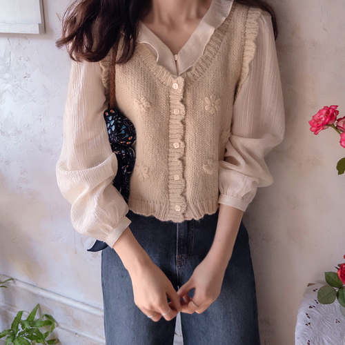 [LABEL] Shuvenia Love Wave Neck 3D Flower Vest Knit [size: F (55~66)]