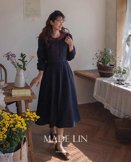 [New Arrival Special Price 5,000 Won Discount] <FONT color=#5a3954>MADE LIN</font> Ziela Dot Round Collar Race One Piece [size: F (55~66)]