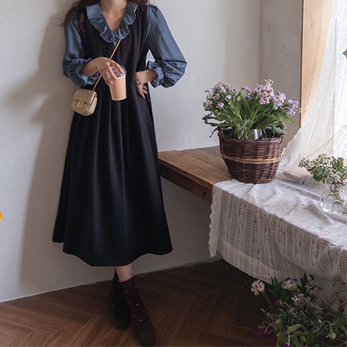 Polette V-neck Loose Pleats One Piece [size: F(55~77)]