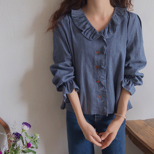 Gentle Stripe Shoulder Shirring Freel Denim Blouse [size: F(55~66)]