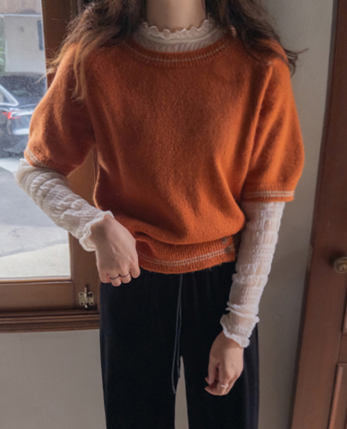 Bydi Cozy Wool Mohair Line Color Block Button Point Short-sleeve Knit [size: F(55~66)]