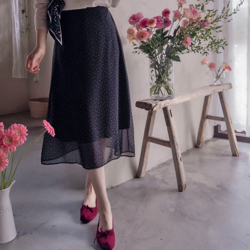 [New Arrival Special Price 6,000 Won Discount] <FONT color=#5a3954>MADE LIN</font> Allier Dot Swaying Chiffon Skirt [size: F (55~66)]