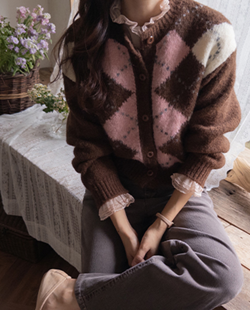 Tade Daily Argyle Pattern Loose Semi-Crop Wool Cardigan [size: F(55~66)]