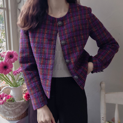 [New Arrival Special Price: 9,000 Won Discount] <FONT color=#5a3954>MADE LIN</font> Beldian Boucle Check Tweed Jacket [size: F, L]