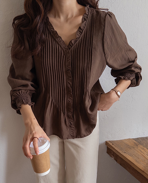 [LABEL] Celine Feminine Tencel Pintuck V-neck Freel Blouse [size: F(55~66)]