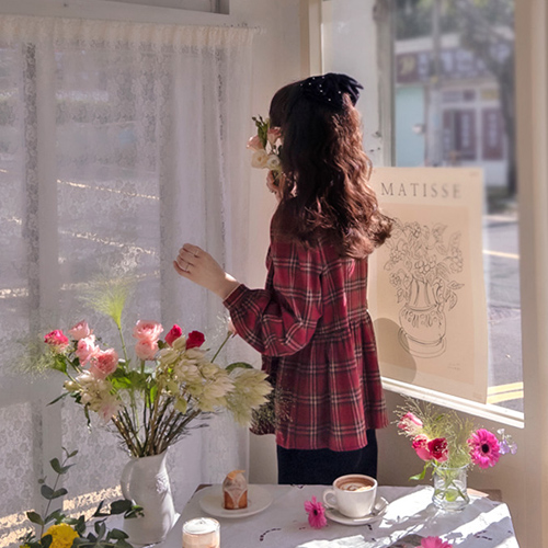 [LABEL] Glance Mini Wave Neck Fleece Check Sophisticated Blouse [size: F(55~66)]