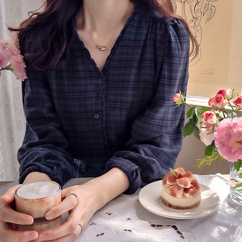 [Fleece Version] [LABEL] An High Ju Sharing Check Soft and Flexible Blouse [size: F, 1]