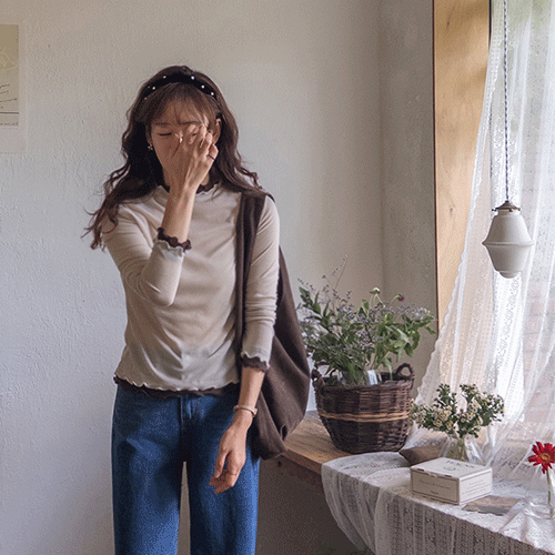 Seine color combination stretchy double frill T-shirt [size: F(55~66)]