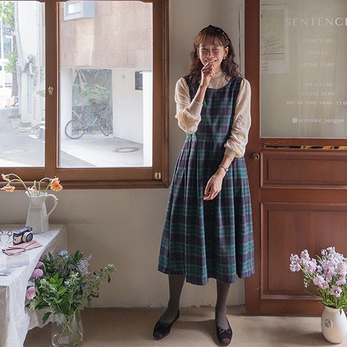 [Thick wool fleece fleece][LABEL] Ladel two-way Check Pleats Long one piece [size:F(55~66)]