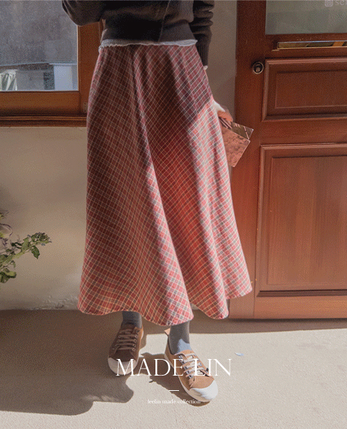 [Limited Quantity Special 40% Sale] <FONT color=#5a3954>MADE LIN</font> Grain Autumn Check Full Skirt [size: F (55~66)]