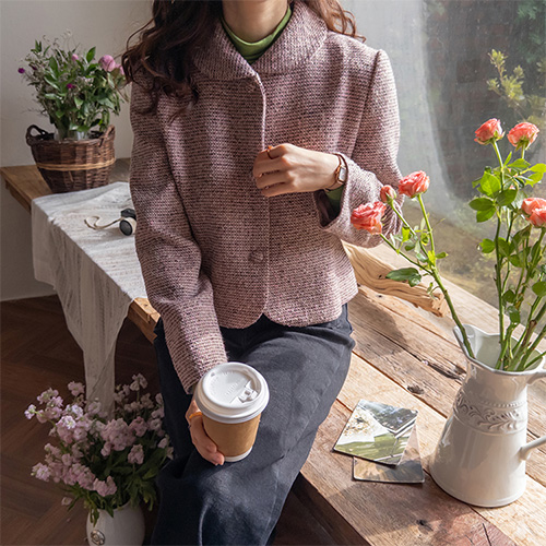 [Best Special Price 10,000 Won Discount] <FONT color=#5a3954>MADE LIN</font> Suede Round Collar Tweed Wool Jacket [size: S, M]