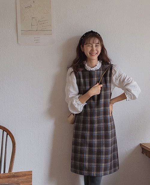 [All the way to the winter wool~] Modrit body cover check pattern wool midi dress [size: F (55~66)]
