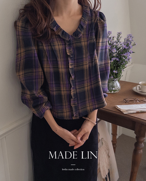 [napping][New product special price 5,000 won discount] <FONT color=#5a3954>MADE LIN</font> Frenin lovely Freel Check Blouse [size: F (55-66)]