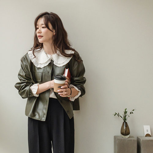 [LABEL] Modern Fit Non-Collared Leather Jacket <FONT color=#d8a4a4>[Scratch Sale]</font>