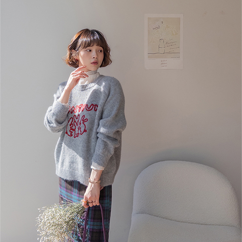 [Wool Blending] [Color Combination] Rabico Loose Fit Rabbit Lettering Color Combination Wool Knit [size: F (55-66)]